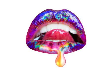 Sweet lips and tongue. Honey drop on woman lips. Sweet kiss icon. Women mouth in different colors. Bright cosmetics concept. Seductive girl. The lips isolated on a white background. White teeth.の写真素材