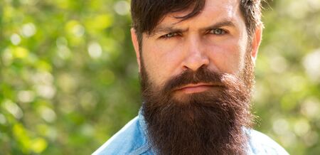 Man on nature background. Bearded guy. Young male hipster. Attractive man with green eyes. Male portrait. Handsome guy. Beard trend. Barbershop.の写真素材