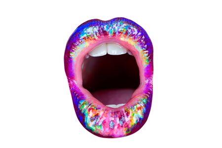 Open mouth. Colorful female lips. Space lipstick. Lips icon isolated on white background. Pride icon. Sexy mouth. Cosmetics concept. Luxury makeup.の写真素材