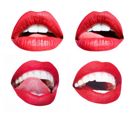 Woman mouth. Different lips set, emotions, sexy tongue and licking white lips. Red seductive lipstick. Girl lips. Young sensual girl, mouth isolated on white background. Fashion cosmetics for lips.の写真素材