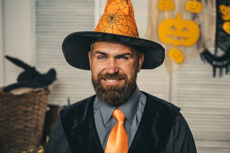 Happy halloween. The crazy joker face. Funny character, comic Dracula. Smiling man. Funny photo. Pumpkin. Halloween concept. Horror. Celebration.の写真素材