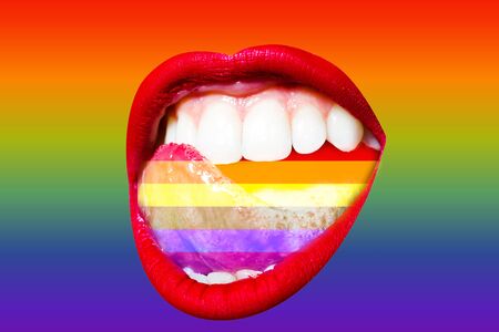 Rainbow tongue in sexy glamour mouth between lips. Homosexual symbol inside female mouth. Girl lesbian sensually licks white beautiful teeth close up isolated on white background.の写真素材