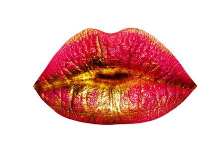 Beautiful lips. Female lips isolated on white background. Fashionable lipstick with gold shine. Cosmetics and makeup for a beautiful woman. Perfect mouth.の写真素材