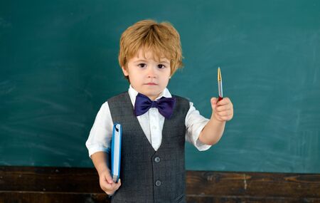 Clever boy. Schoolboy near the blackboard. Beautiful little schoolboy. Cute baby at school. Skills...