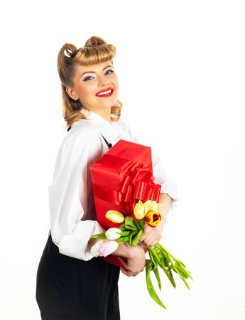 Woman with polar and flowers. Beautiful girl. Female birthday.の写真素材