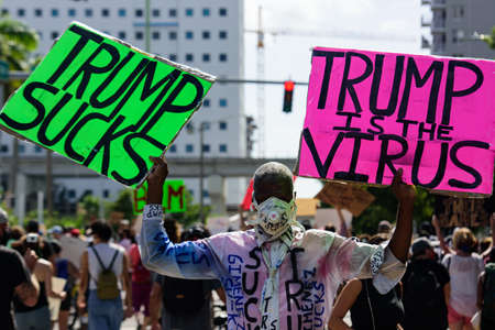 Miami Downtown, FL, USA - MAY 31, 2020: US presidential election. People in America with posters...