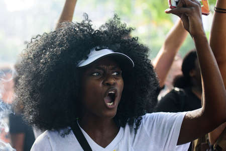 Miami Downtown, FL, USA - MAY 31, 2020: Black woman at the demonstration. Female activist. Black Rights Fighter.のeditorial素材