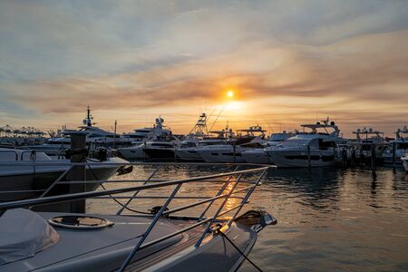 An evening in Miami. Beautiful city near the ocean. Port for yachts in Miami. Marina concept.の写真素材