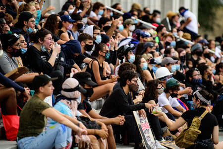 Miami Downtown, FL, USA - JUNE 12, 2020: Black Lives Matter. Young white people protesting against racismのeditorial素材