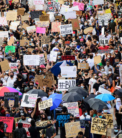 Miami Downtown, FL, USA - JUNE 12, 2020: Black Lives Matter. Demonstration. Protesters and posters. Thousands of people on US streets take part in demonstrations against racismのeditorial素材