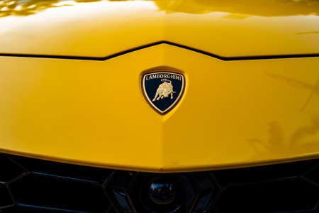 Miami, Florida, USA - JUNE 2020: Lamborghini logo. Yellow super car. Beautiful expensive car. Horsepower. Elegant transport Luxury lifeのeditorial素材