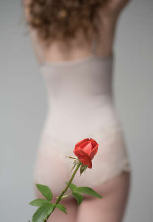 Virgin. Red rose and the silhouette of the girl. Virgin hymen concept. Teen gynecologist. Intimate hygiene. Underwear for girls. Date and first night.の写真素材