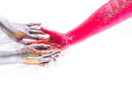 Colored creative hands, play and development, drawing and crosses. Understanding and trust, teamwork, creativity. Concept of creative project.の写真素材