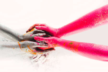 Holding hands. Bright people. Support and care for each other. Beauty to be loved. Experience of tender feelings. Joyful feelings and light of life. Warmth to heart. Art, museums and presentationsの写真素材