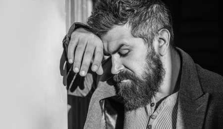 Sad man. Guy is worried, problems and frustration. Bearded man.の写真素材