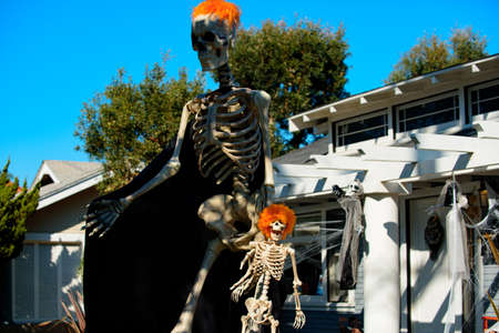 Skeletons. Halloween scenery. Terrible holiday at home. Halloween in the USA. Traditions and house decor. Terrible creatures.の写真素材