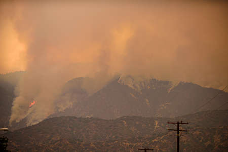 A view of the spreading flames from the Canyon Fire. Wildfire in Hills and the LA City.の写真素材