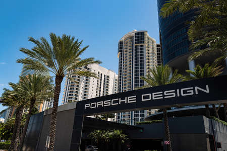 SUNNY ISLES BEACH, USA - MAY, 2020: Porshe design condominium sign. Porsche skyscraper. Unique buiding.の写真素材