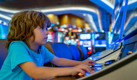 Child and game machines. Gambling. Addiction to money games.の写真素材