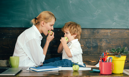 Healthy food for family. Apple for a snack at school. Nutrition for children.の写真素材