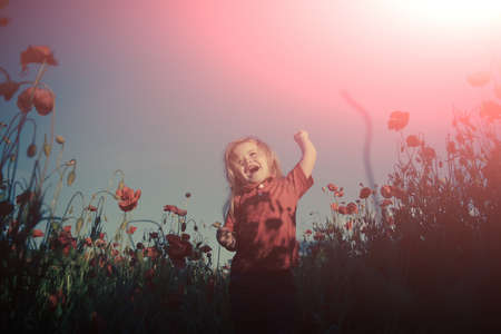 Happy walk in nature with a child. Happiness. Cheerful boy in the field with poppies.