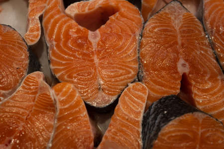 Salmon steak close-up. Omega sea food.の写真素材