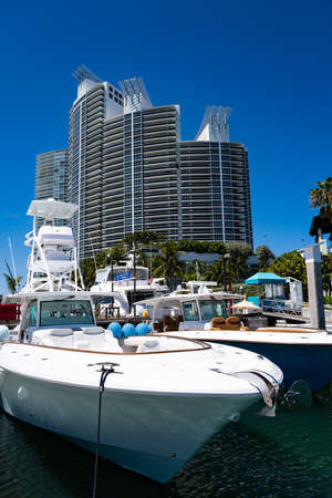 Miami Beach, Florida, USA - 2020: Yachts and skyscrapers in Miami Beach. Ocean life style. South of the USA.の写真素材