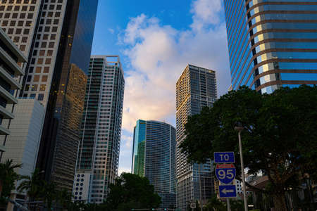 Miami, FL, USA - 2020: Cityscape. Miami Downtown, wonderful aerial view of buildings and skyscrapers. One of the most famous streets on east coast of USA.の写真素材