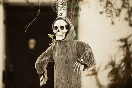 The skeleton is dead. Death. Scenery for Halloween in October. Decoration in the yard.の写真素材