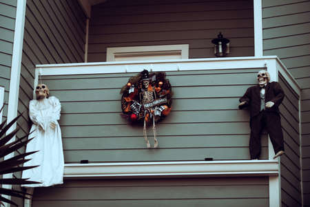Happy Halloween. Bride skeletons. Wedding of the dead. Scenery for Halloween in October. Decoration...