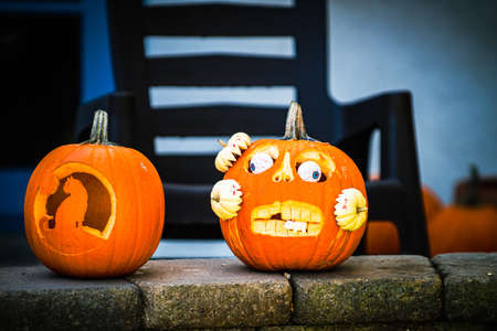 Pumpkins with eyes. Carving. Halloween characters. Scenery for Halloween in October. Decoration in...