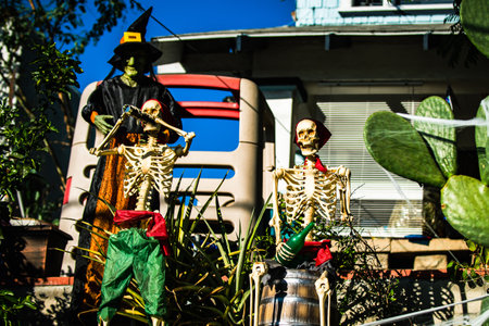 Skeletons in the garden. Scenery for Halloween in October. Decoration in the yard.の写真素材