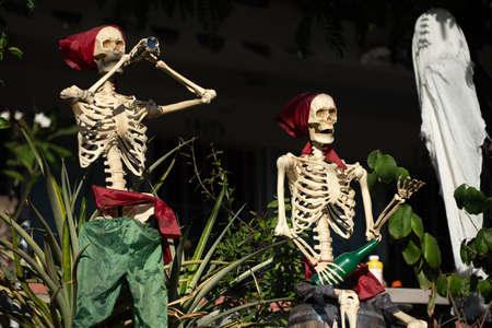 Skeletons of pirates and robbers. Scenery for Halloween in October. Decoration in the yard.の写真素材