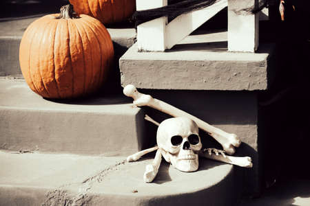 Skull, bones and pumpkin on the stairs of the house. Scenery for Halloween in October. Decoration in the yard.の写真素材