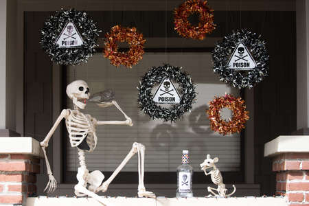 The skeleton of an alcoholic. Poison. Scenery for Halloween in October. Decoration in the yard.の写真素材