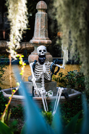 Skeleton in mask, coronavirus pandemic. Scenery for Halloween in October. Decoration in the yard.の写真素材