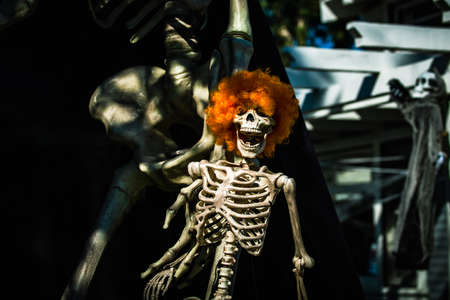 Happy skeleton. Scenery for Halloween in October. Decoration in the yard.の写真素材