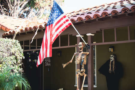 Skeletons and the flag of the United States. Patriotic scenery.の写真素材