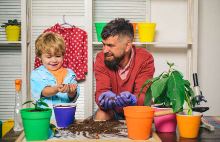 Happy family garden. Father and son grow flowers. Family hobby. Weekend Idea.の写真素材