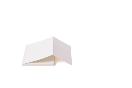 Lying a small book on a white surface opposite directly. Foreshorten. Much space for text.の写真素材
