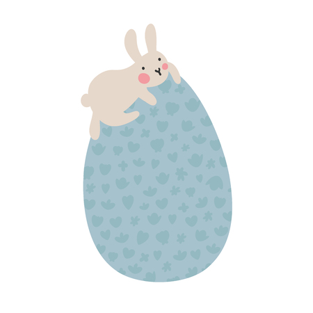 Easter eggs with pictures. A cute little bunny climbed onto a large egg and looks down. Easter or Kid Vector Illustration. Soft pastel colors.のイラスト素材