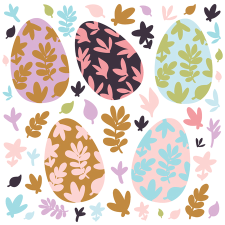 Set of Easter design elements. Eggs, flowers, willow, branches, hearts, patterns. Perfect for holiday decoration and spring greeting cardsのイラスト素材