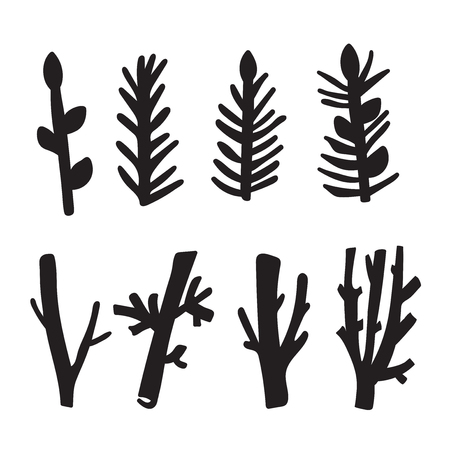 Spring set of Driftwood, ground floor hand-drawn ink rustic design elements collection. Dry tree branches and wooden twigs. Vintage doodle bundle art in primitive vector style.のイラスト素材
