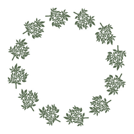 Hand drawn vector round frame. Floral wreath with leaves, branches Decorative elements for design. Ink, vintage and rustic styles.のイラスト素材
