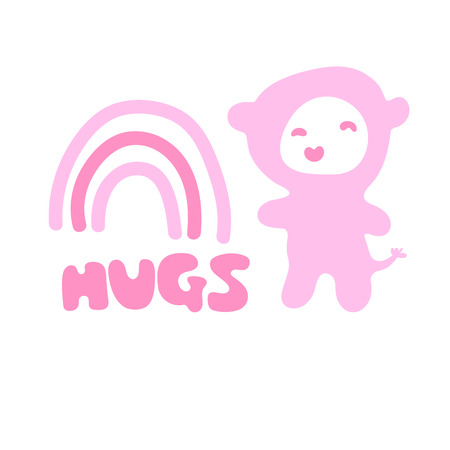 Hand drawn vector illustration of a funny character, rainbow and phrase hugs. Isolated objects on white background. Doodle line drawing. Design concept for Asia products, children print.のイラスト素材