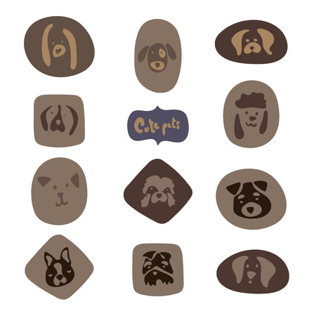 Funny dog icons set in doodle style. Happy friendship faces. Vector illustration.のイラスト素材
