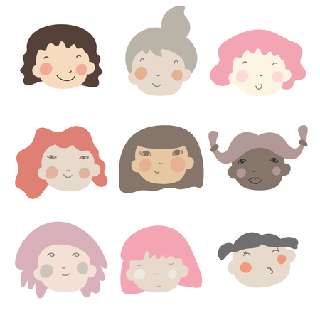 Different ethnic nationality affiliation woman head face vector icons. Happy baby girls faces. Cartoon vector illustration.のイラスト素材