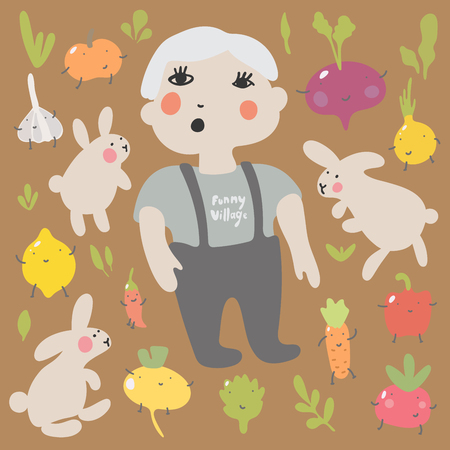 Cute kawaii smiling fruits. Healthy style collection. Vector illustrationのイラスト素材