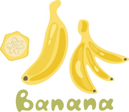 Bright vector set of bunches of fresh banana. Sweet cartoon single, peeled banana and bunch of bananas isolated on white background.のイラスト素材