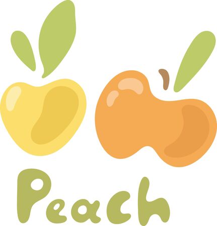 Peach and leaf vector icons. Cute and simple design with doodle childish textのイラスト素材
